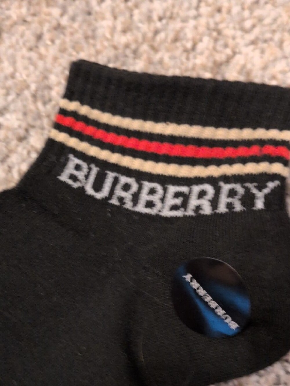 Burberry Black Ankle Socks with Red and Cream Stripe Detail - Picture 3 of 5